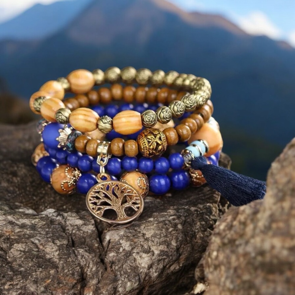 Blue Boho Chic Multilayer Wooden Beads Bracelet Tree of‎ Life Elastic Bracelet
